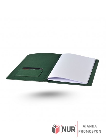 Yeşil Renk Termo Deri Kapaklı Lastikli ve Cepli Defter